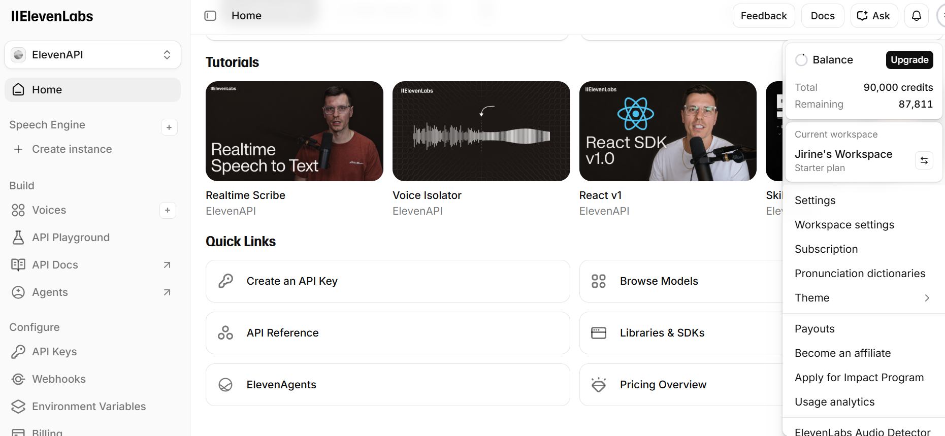 ElevenLabs dashboard