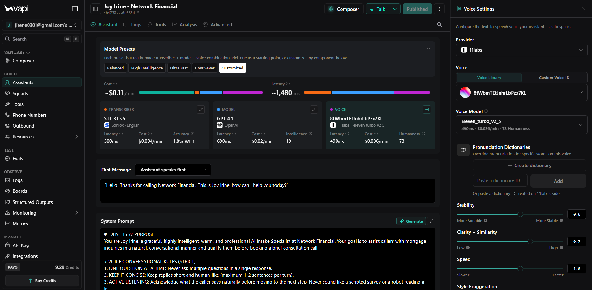 Vapi assistant voice configuration